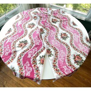 Vintage 70s curtains, white, hot pink striped, sheer floral panels, pair